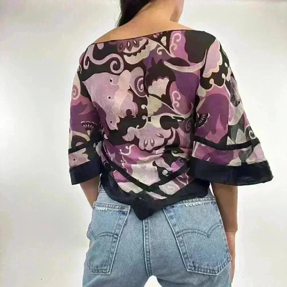 rare floral semi sheer  100% silk ruffle scarf top - Picture 3 of 3